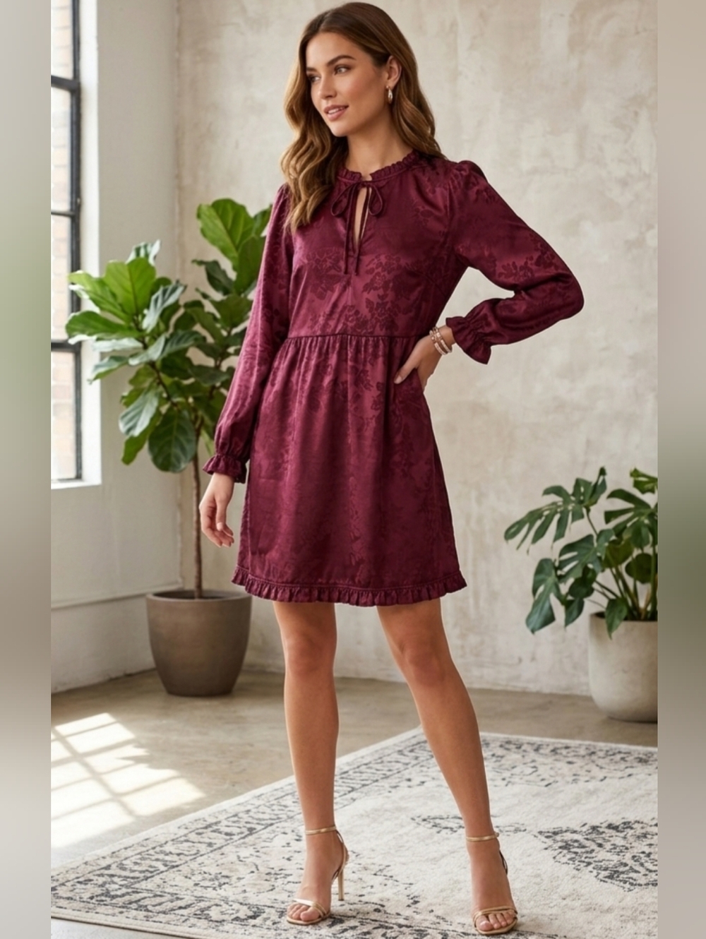 Speechless XL Burgundy Satin Damask Ruffle Dress • Romantic Coquette Mini